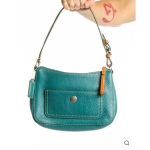 Coach Vintage Teal Pebbled Leather Shoulder Bag Small Baguette with Tan Trim